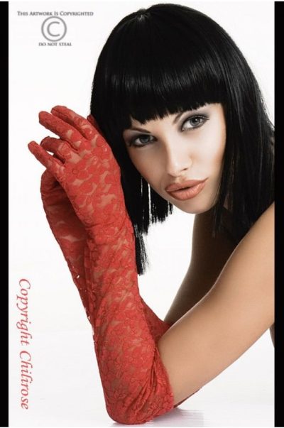 långa röda spets handskar