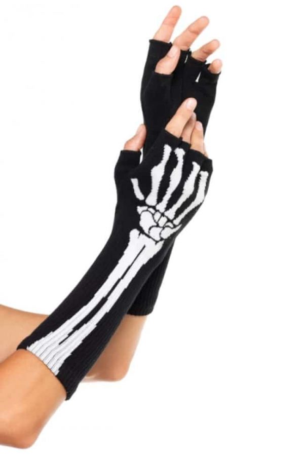 långa fingerlösa handskar med döskallstryck