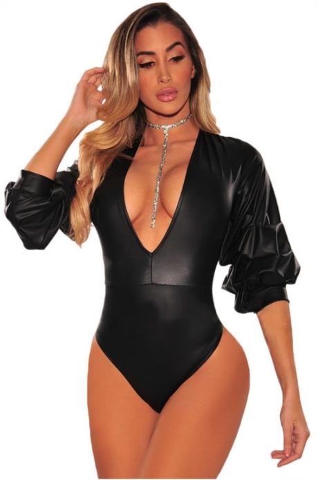 black-ruched-ruffle-sleeve-leatherette-bodysuit-lc32177-2-25468
