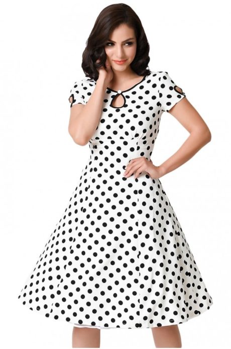white-black-dotted-cap-sleeve-swing-dress-lc61058-1