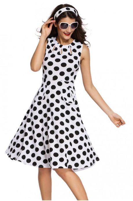 white-polka-dot-bohemain-print-dress-with-keyholes-lc61043-1